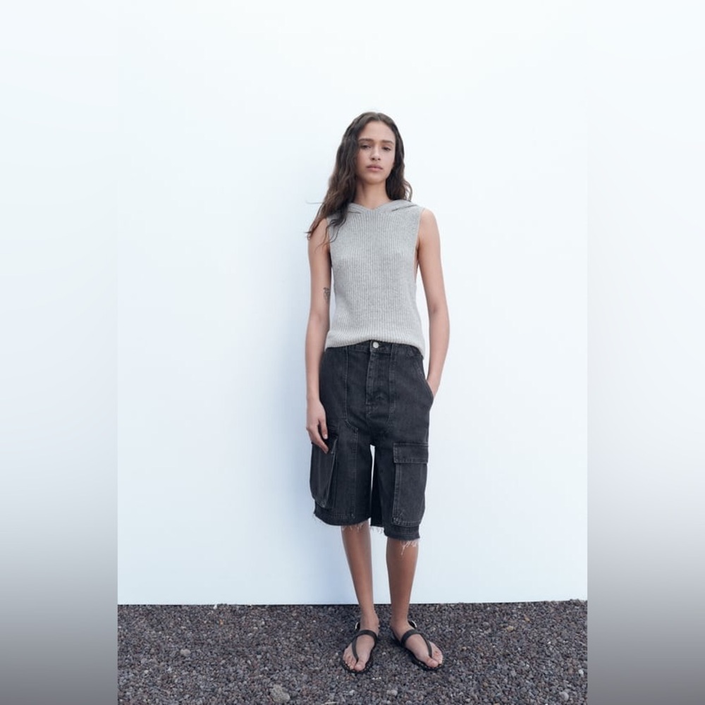 ZARA Hooded Knit Top - Gray - Size S